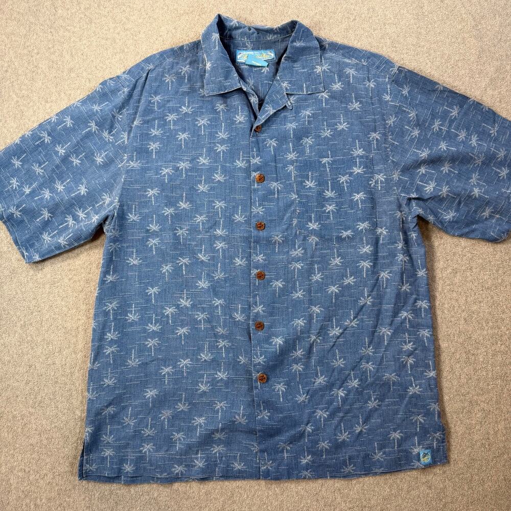 Bermuda Bay Silk Button Down Shirt Men's Medium Blue Palm Print Short Sleeve